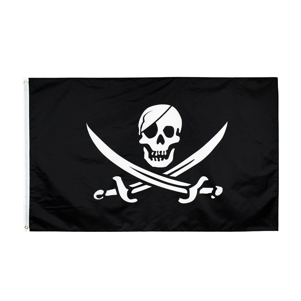Drapeau pirate noir avec crâne et sabre de couleur or - 58cm x 77cm
