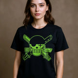 T-shirt vert One Piece Jolly Roger de Zoro porté